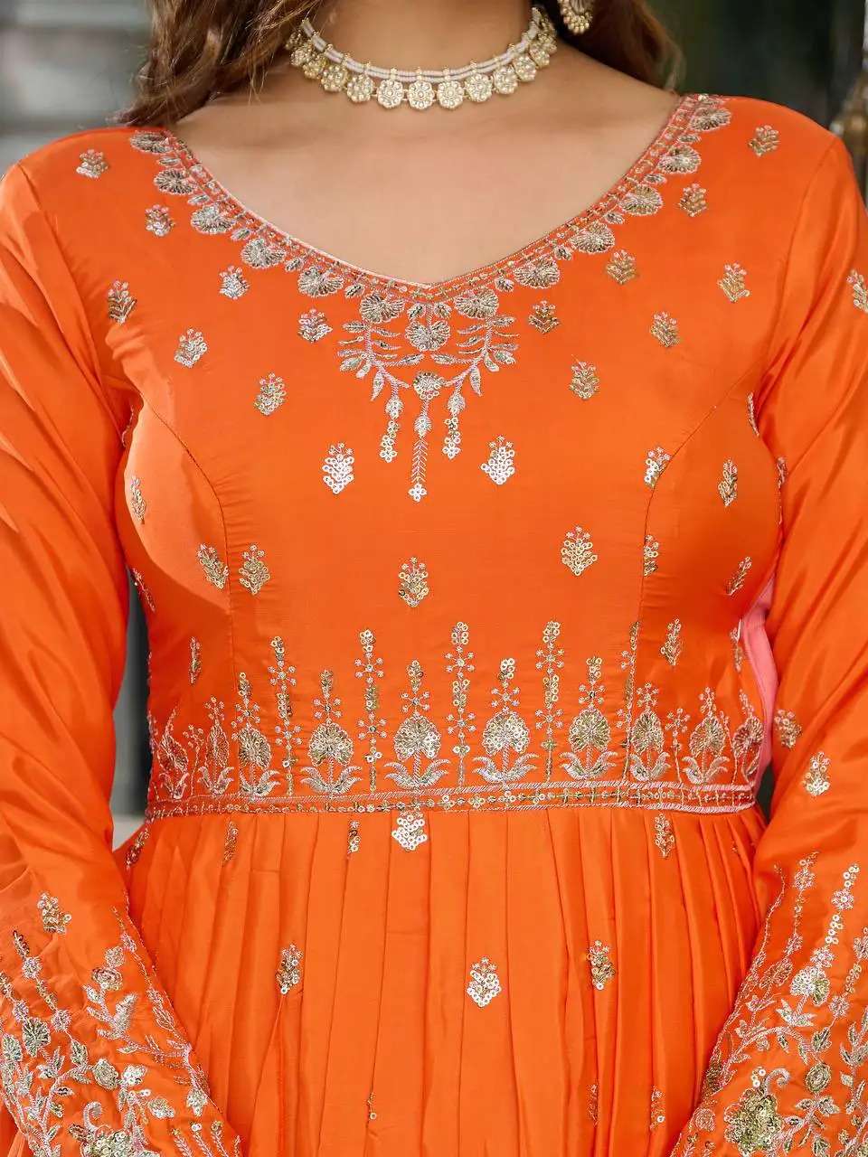 Women's American Silk Sequence Embroidery Long Anarkali Kurti (Gown) With Dupatta - Image 6
